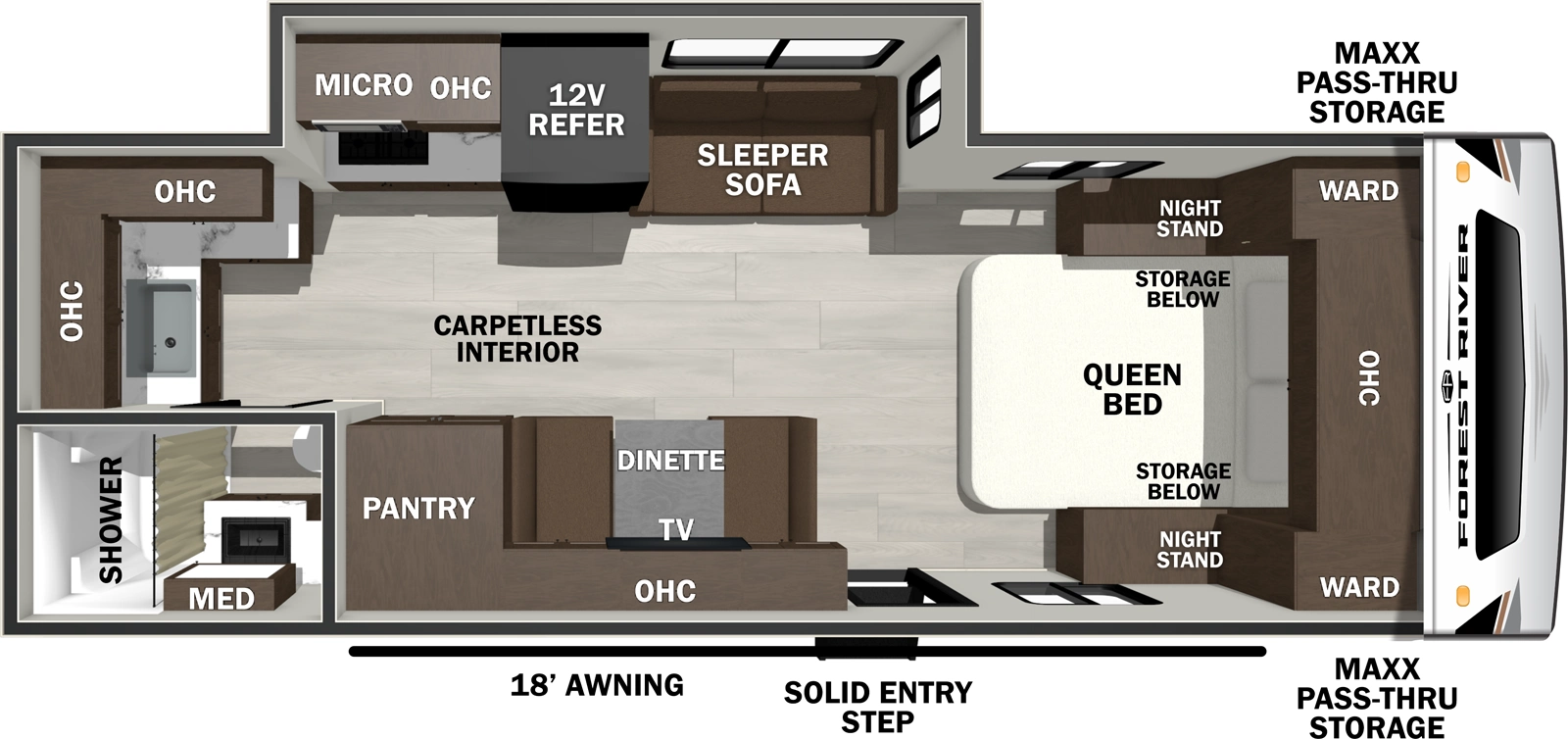 The Wildcat Travel Trailers 221CHEF floorplan has one entry and one slide out. Exterior features include: fiberglass exterior and 18' awning. Interiors features include: front bedroom.
